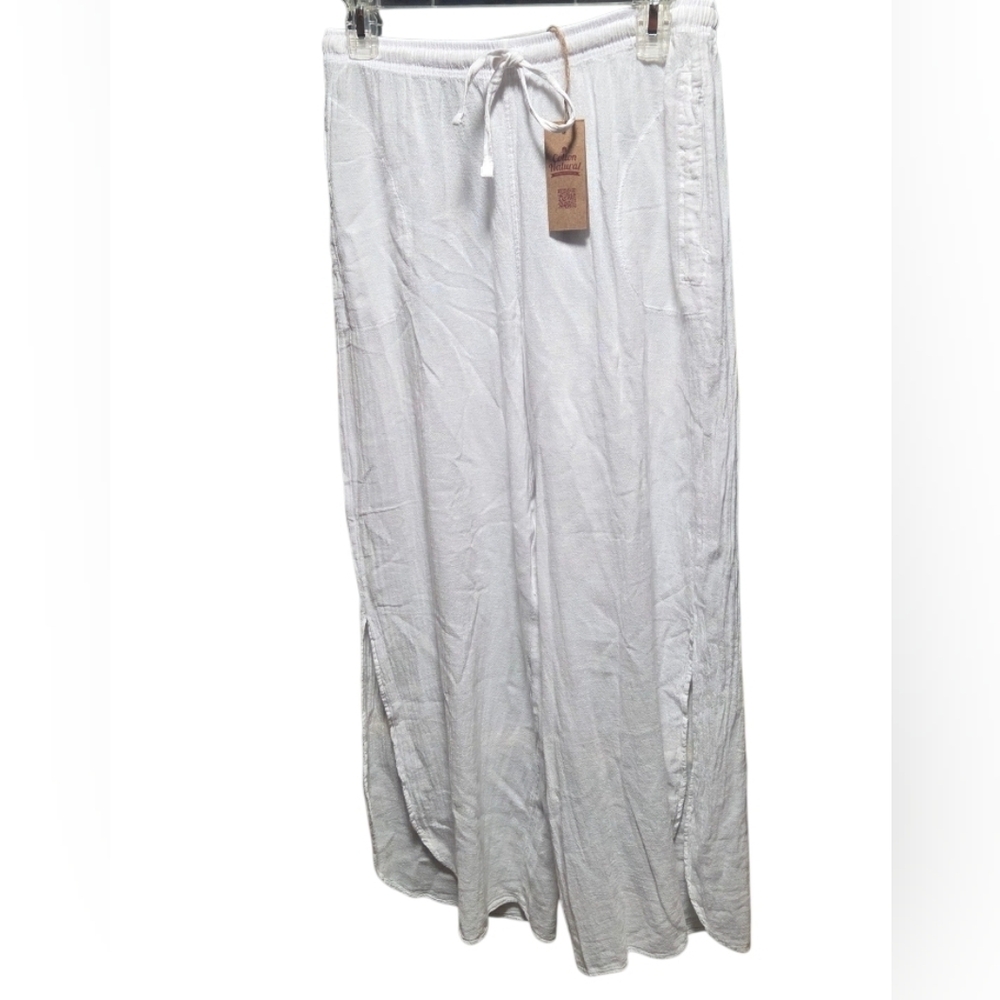 Cotton Natural 100% Cotton White Flowy Slit-Leg Thai Pants Size Small New! - Picture 3 of 7